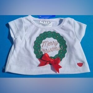 Build a Bear Workshop Merry Christmas Wreath White Shirt with Green Wreath RARE